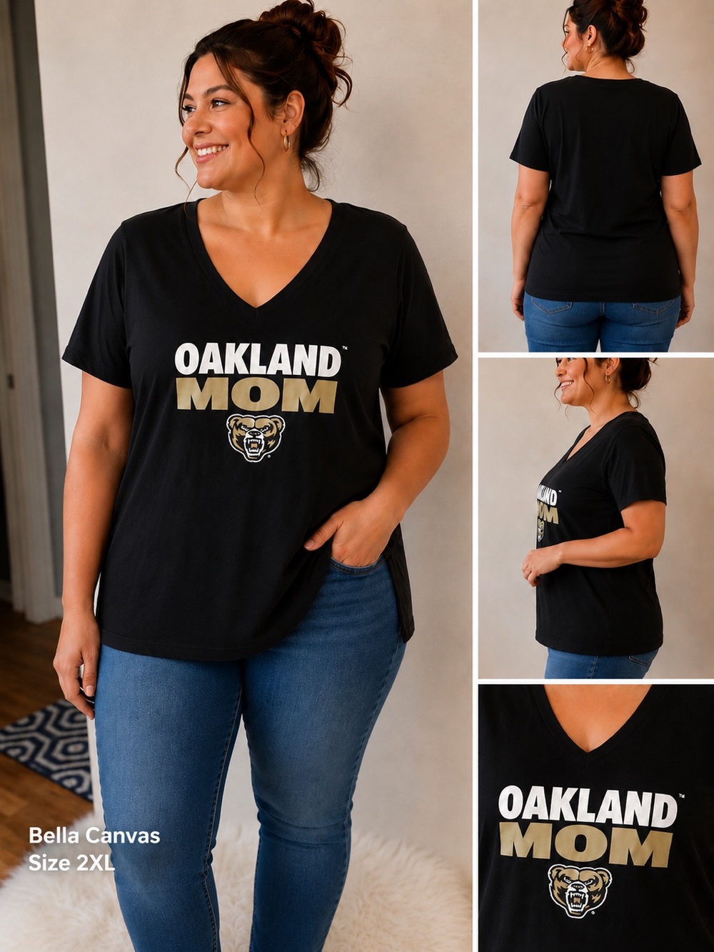 Bella Canvas Oakland University Grizzlies Mom Graphic Tee Size 2XL Black V-Neck
